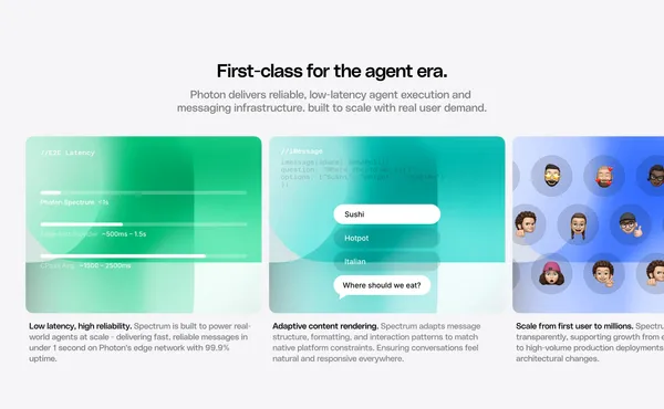 Spectrum by Photon | Bring your agents to iMessage, WhatsApp, Telegram, Slack, and beyond - Landing design inspiration