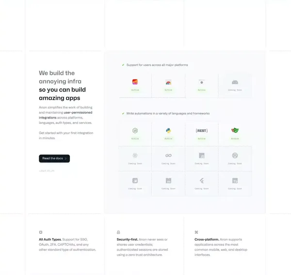 Anon | The Integration Platform for the AI Internet - Landing design inspiration