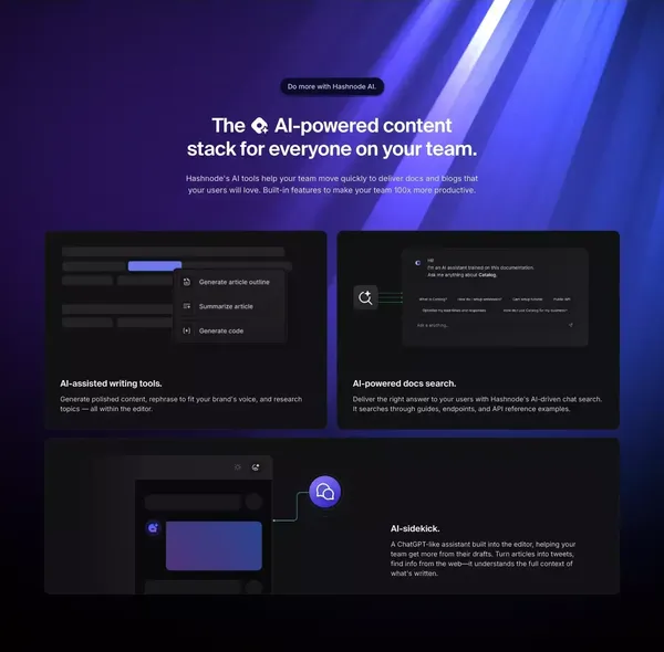 Hashnode — Build blogs and API docs for developers and teams. - Landing design inspiration