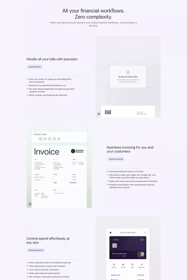 Online Business Banking For Startups & Small Businesses | Financial Workflows - Landing design inspiration