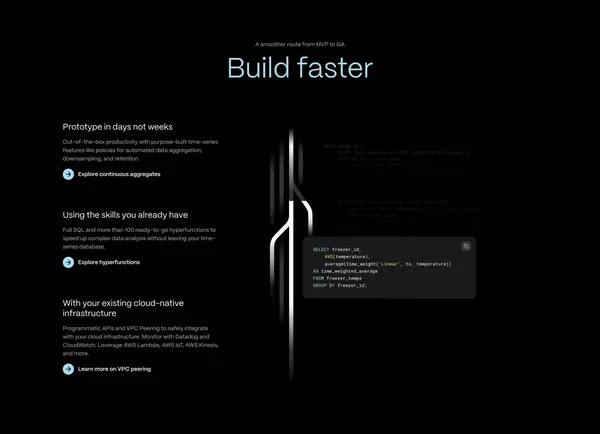 Timescale is PostgreSQL++ for time series and event data | Timescale - Landing design inspiration