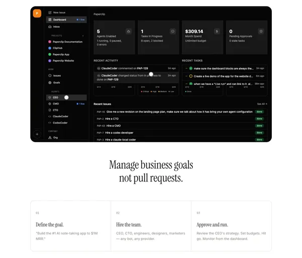 Paperclip — Open-source orchestration for zero-human companies - Landing design inspiration