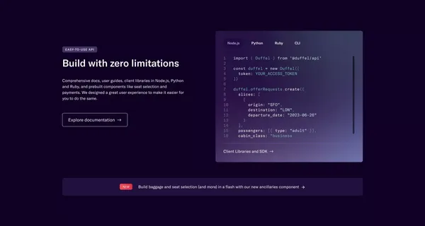 Duffel - The best API to sell travel. - Landing design inspiration