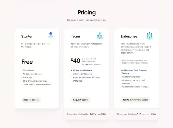 Automatic, AI-generated interview notes | Metaview - Landing design inspiration