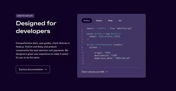 Duffel - The best API to sell flights online - Landing design inspiration