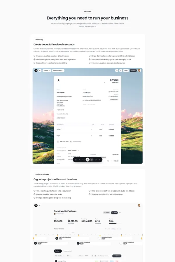 Runey — Invoices, Projects & Clients in One Place - Landing design inspiration
