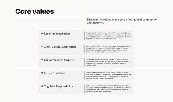 Collaborative Stories for the Collective Imagination - Switch-Lit - Landing design inspiration