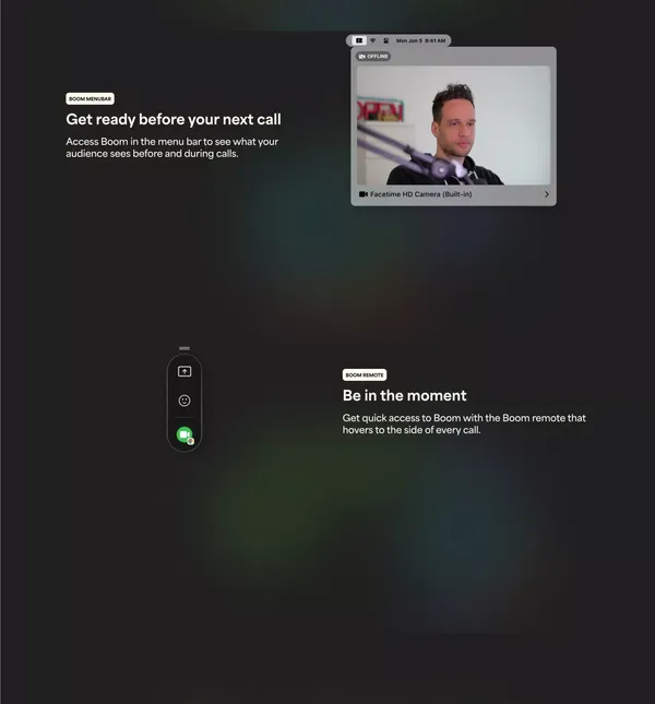 Get the Boom App: Bring the Boom to every video call - Landing design inspiration