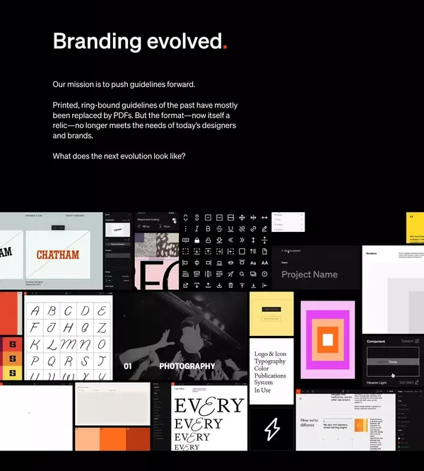 Standards • Design and publish advanced, precise online brand guidelines with no code. - Landing design inspiration