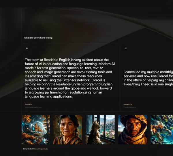 Corcel: API Access to Artificial Intelligence, Decentralized. - Landing design inspiration