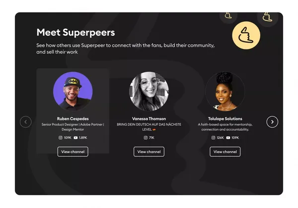 Superpeer | Home to your community with livestreams, live courses, 1:1s and more! - Landing design inspiration