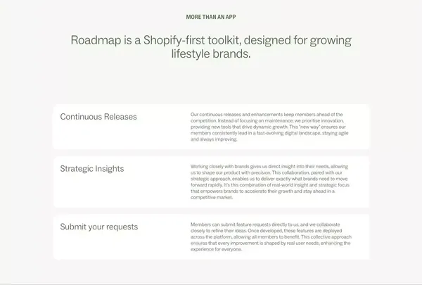 Roadmap | The first ROI-driven Toolkit for Shopify brands. - Landing design inspiration