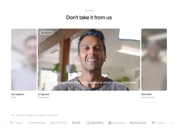 Pipe lets you turn future revenue into up-front capital - Landing design inspiration
