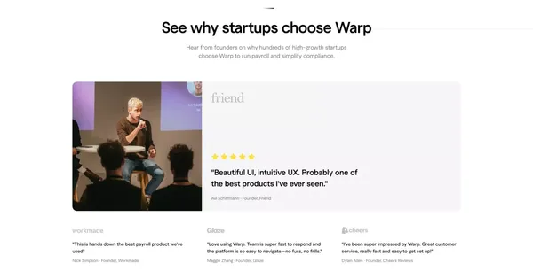 Warp | Payroll and Compliance for Startups - Landing design inspiration