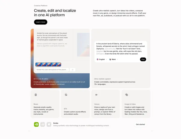 Free AI Voice Generator & Voice Agents Platform | ElevenLabs - Landing design inspiration