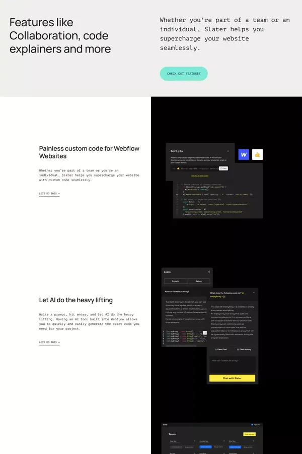 Slater | AI Custom Code Tool For Webflow Projects - Landing design inspiration
