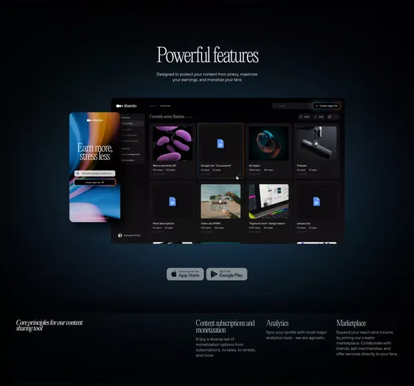 Shareio | Content sharing solution for creators - Landing design inspiration