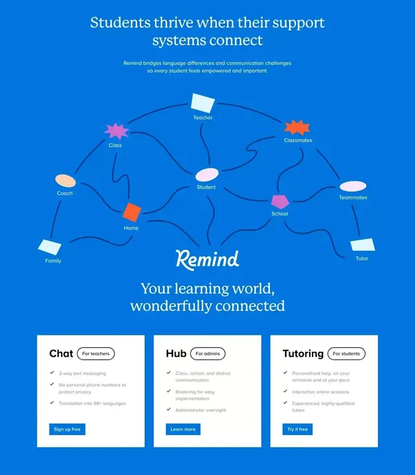Remind is the best education communication platform. A solution built for educators, administrators, students & parents in mind. - Landing design inspiration