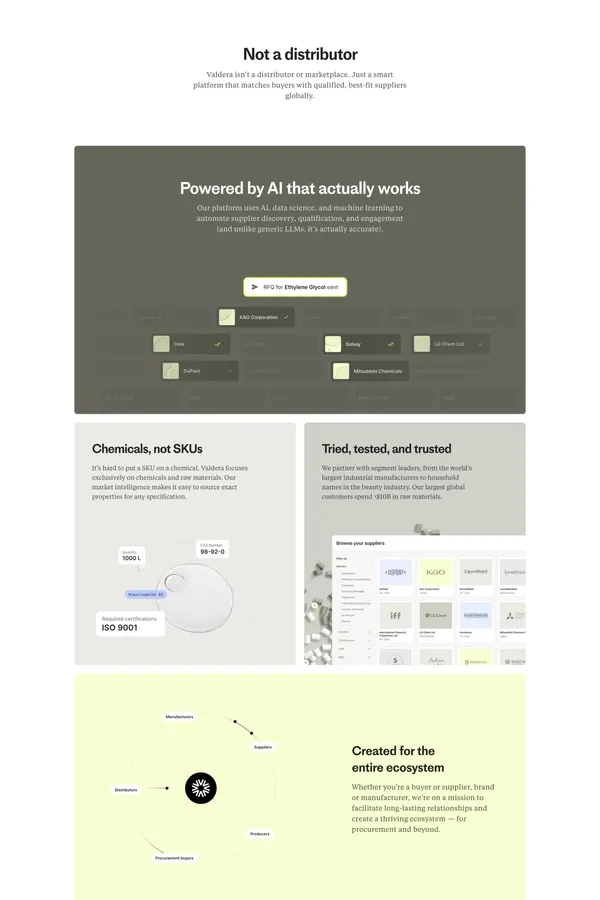 Valdera | The digital sourcing platform for chemicals and raw materials - Landing design inspiration