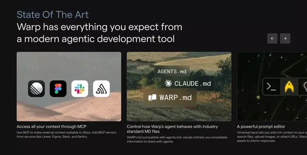 Warp: The Agentic Development Environment - Landing design inspiration