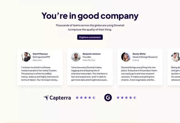 Customer Insights Hub — Dovetail - Landing design inspiration