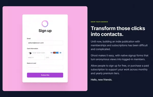 Ghost: Turn your audience into a business - Landing design inspiration