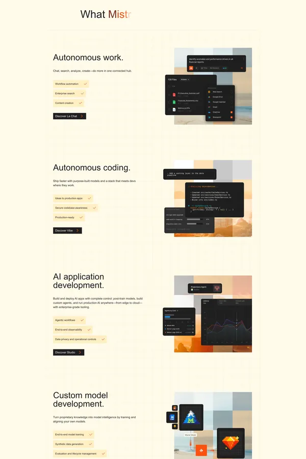 Frontier AI LLMs, assistants, agents, services | Mistral AI - Landing design inspiration