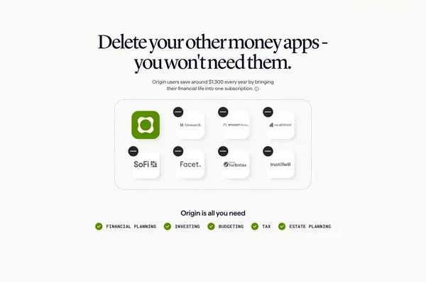 Origin - Budget, Track Spend, Invest, and Get Advice - Landing design inspiration