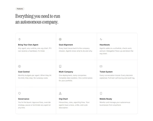 Paperclip — Open-source orchestration for zero-human companies - Landing design inspiration