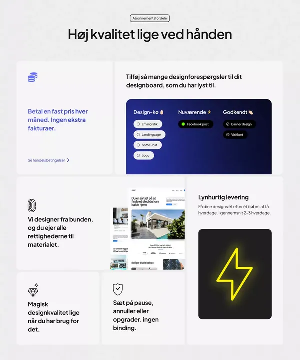 Design Abonnement til fast pris | Alt grafik | 2-3 dages levering | Ubegrænset rettelser | Webflow Danmark - Landing design inspiration