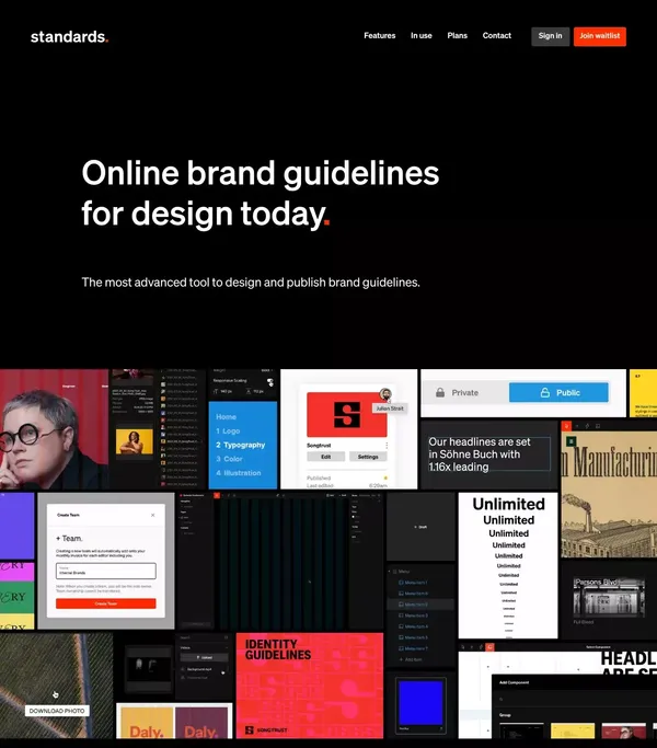 Standards • Design and publish advanced, precise online brand guidelines with no code. - Landing design inspiration