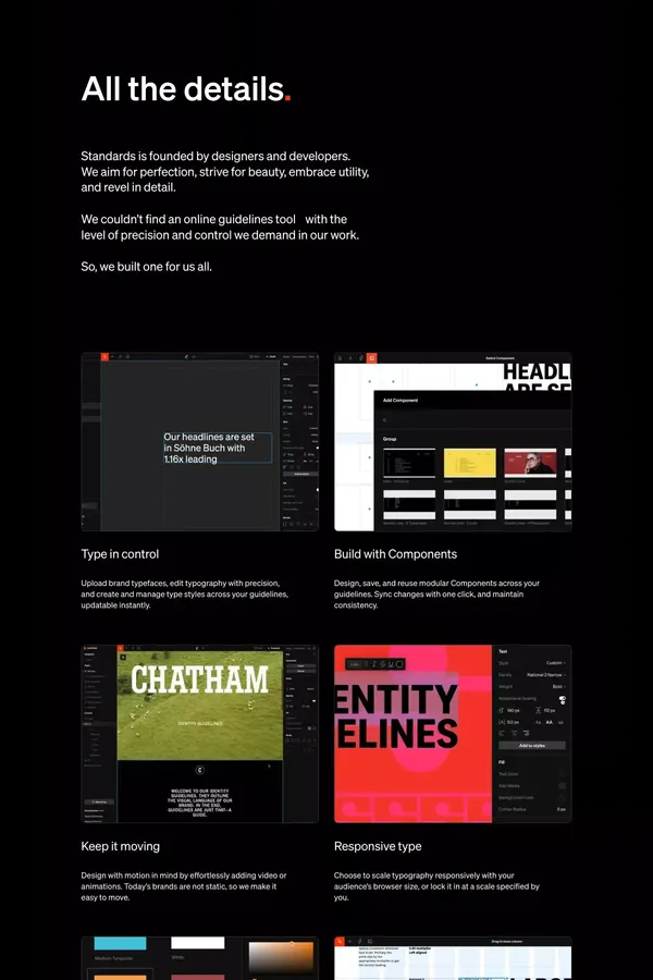 Standards • Design and publish advanced, precise online brand guidelines with no code. - Landing design inspiration