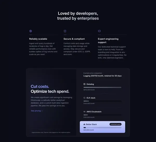 Logs (formerly Logtail) | Better Stack - Landing design inspiration