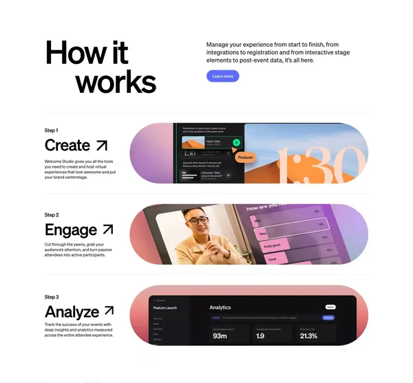 Webinar platform for virtual events and company meetings | Welcome - Landing design inspiration