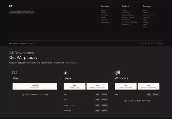 Warp: The Agentic Development Environment - Landing design inspiration