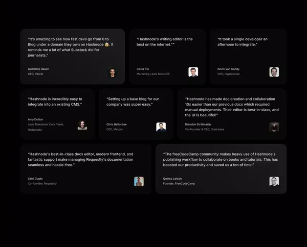 Hashnode — Build blogs and API docs for developers and teams. - Landing design inspiration