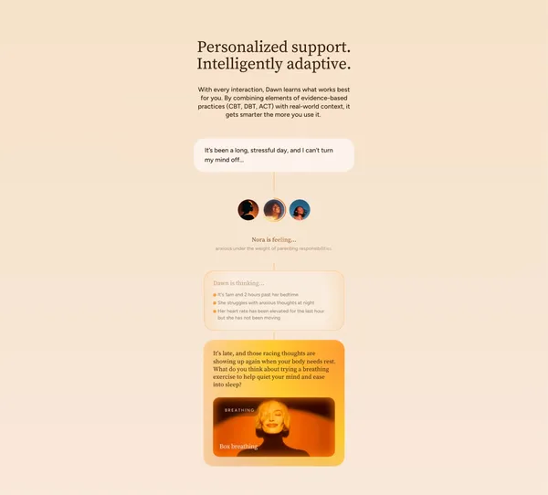 Dawn: AI for Mental Health | 24/7 support for your mind - Landing design inspiration