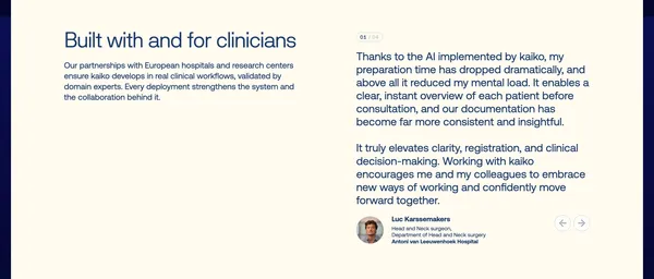 Clinical AI empowering healthcare teams | kaiko.ai - Landing design inspiration