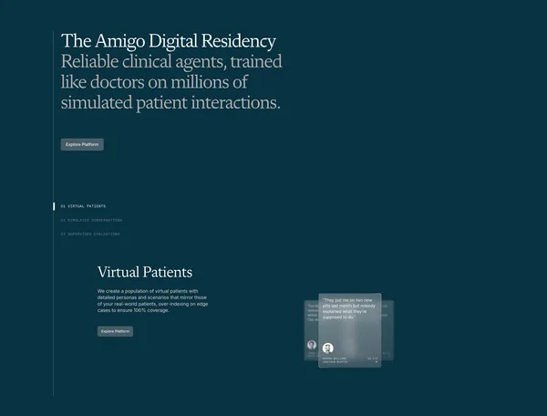 Amigo - The Trusted Platform for Building, Training, and Deploying Clinical Agents - Landing design inspiration