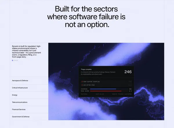 Bynario - Autonomous Vulnerability Detection & Remediation - Landing design inspiration