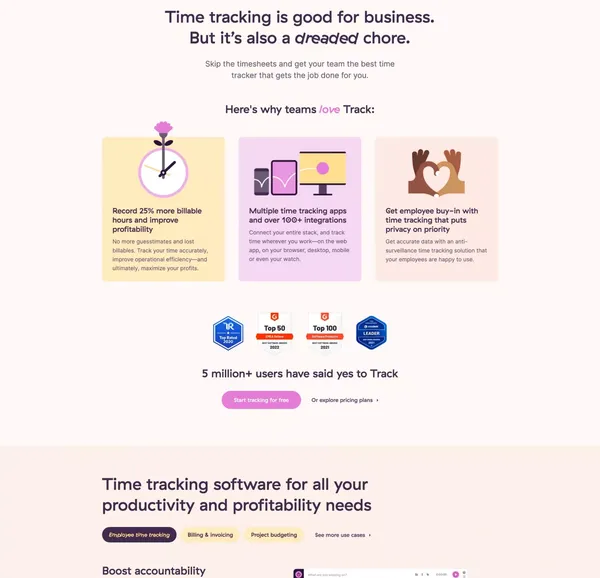 Toggl: Time Tracking Software, Project Planning & Hiring Tools - Landing design inspiration