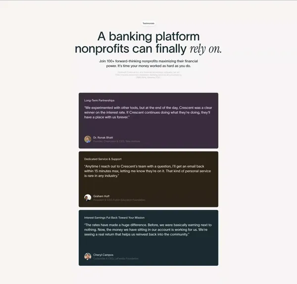 Crescent Cares | High-Impact Banking Platform for Nonprofits - Landing design inspiration