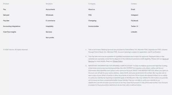 Tola - Accounts payable, accounts receivable and cash flow management - Landing design inspiration
