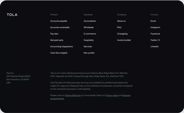 Tola - Accounts payable, accounts receivable and cash flow management - Landing design inspiration