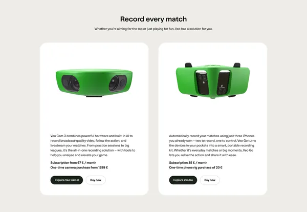 Veo Sports Cameras | Record, Stream and Analyse - Landing design inspiration