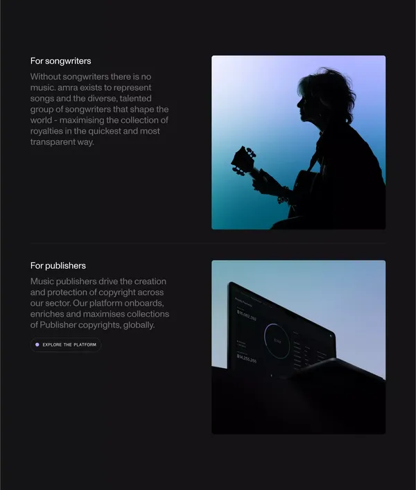amra - Global royalties made simple - Landing design inspiration