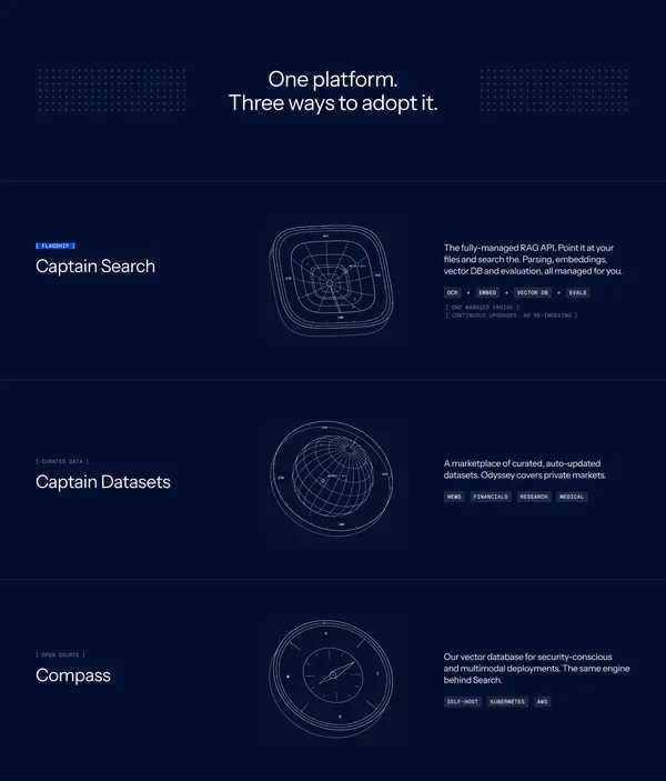 Captain - Self-tuning file search for AI agents · Captain - Landing design inspiration