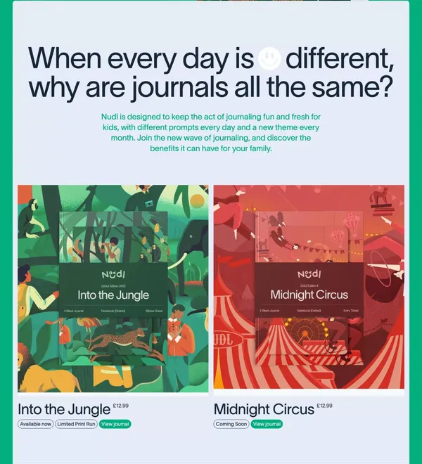 Nudl Journals | Kids' Themed Journals and Notebooks - Landing design inspiration