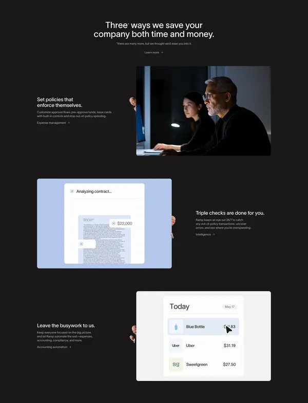 Spend Management, Corporate Cards & Accounts Payable Solutions | Ramp - Landing design inspiration