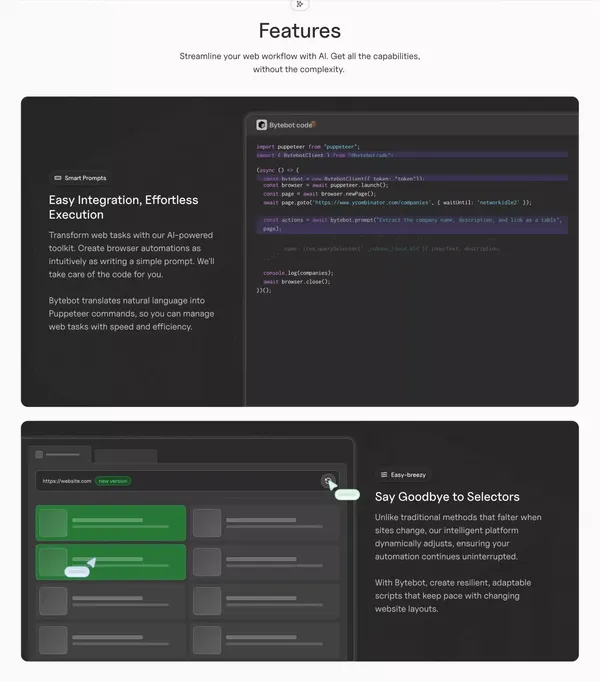 Bytebot - Leverage the power of AI in your web scraping, automation, testing and monitoring. - Landing design inspiration